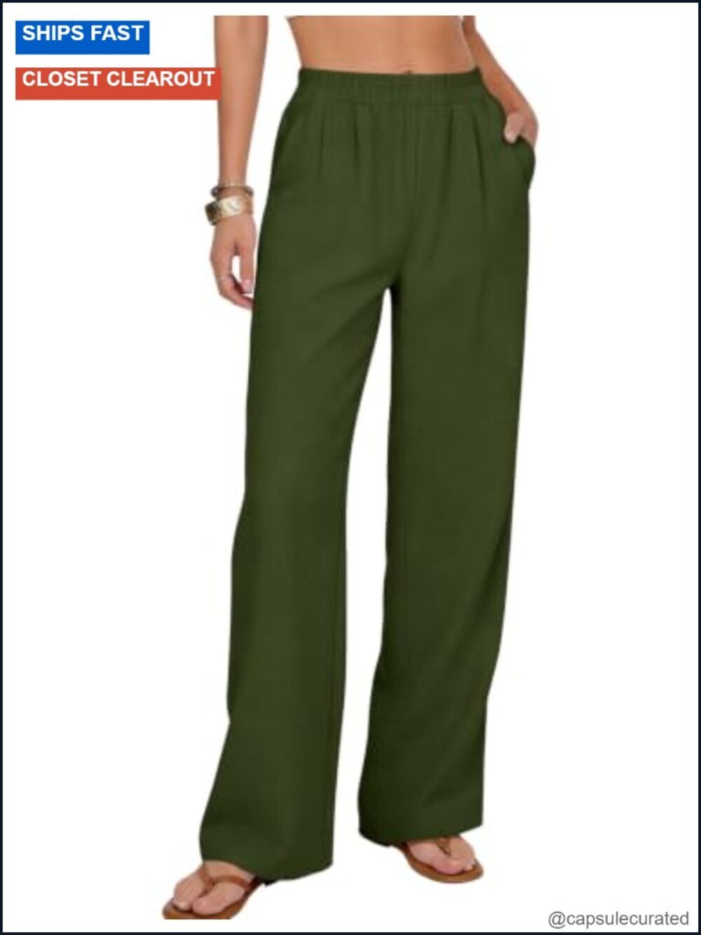 Cotton Linen Palazzo Pants Elastic Waist Wide Leg Trousers Pockets